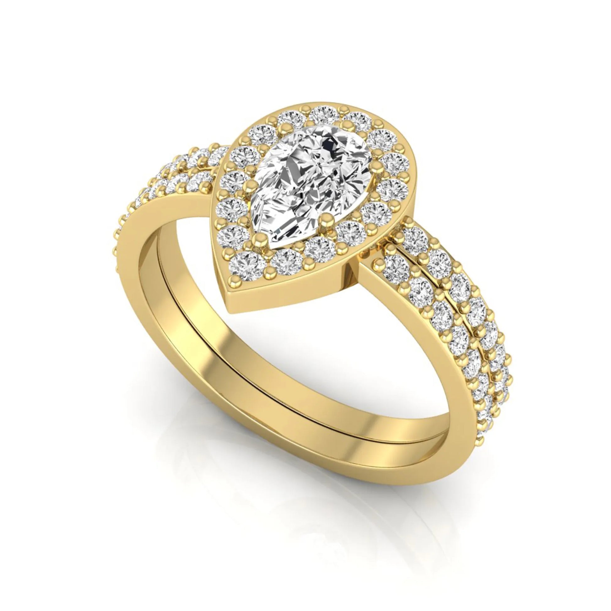 Pear cut lab grown diamond engagement ring with a round diamond halo and double-row pavé band in a yellow gold style design.