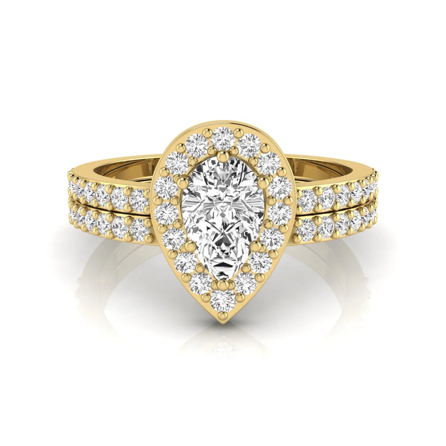 Pear cut lab grown diamond engagement ring with a round diamond halo and double-row pavé band in a yellow gold style design.