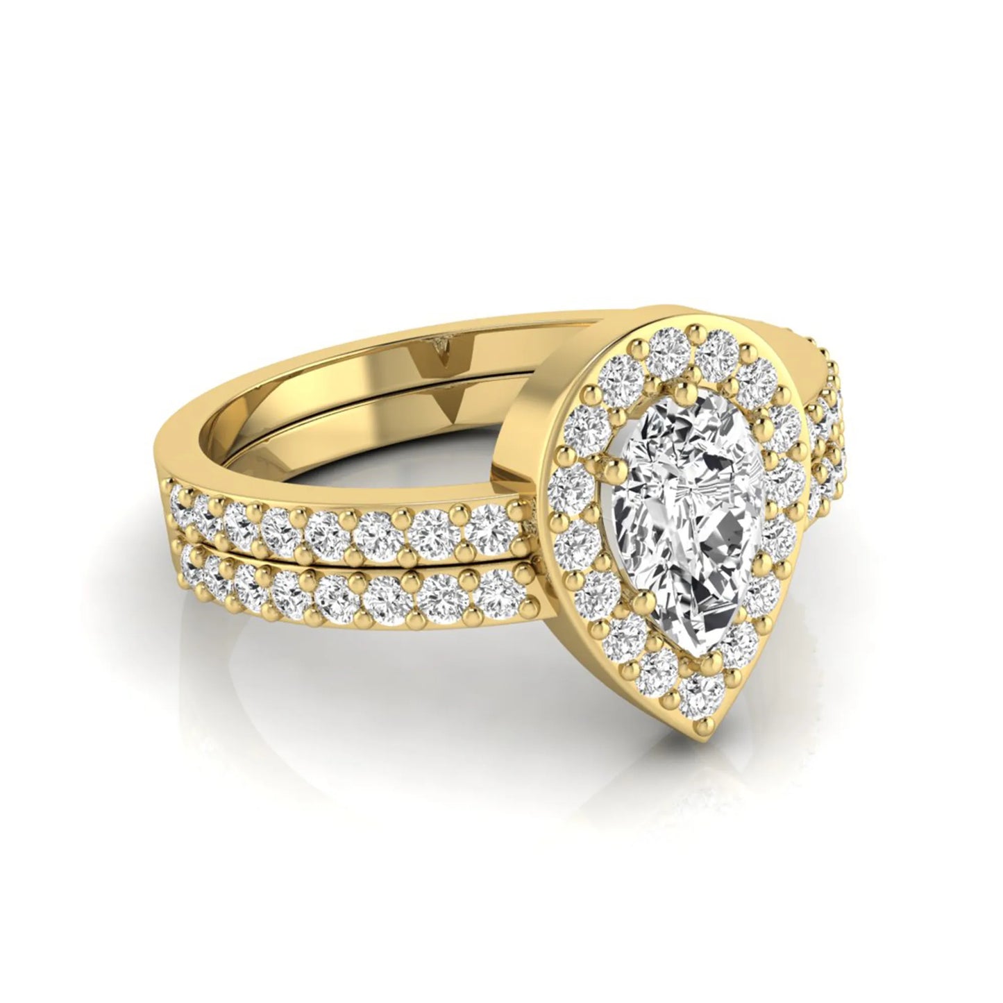 Pear cut lab grown diamond engagement ring with a round diamond halo and double-row pavé band in a yellow gold style design.