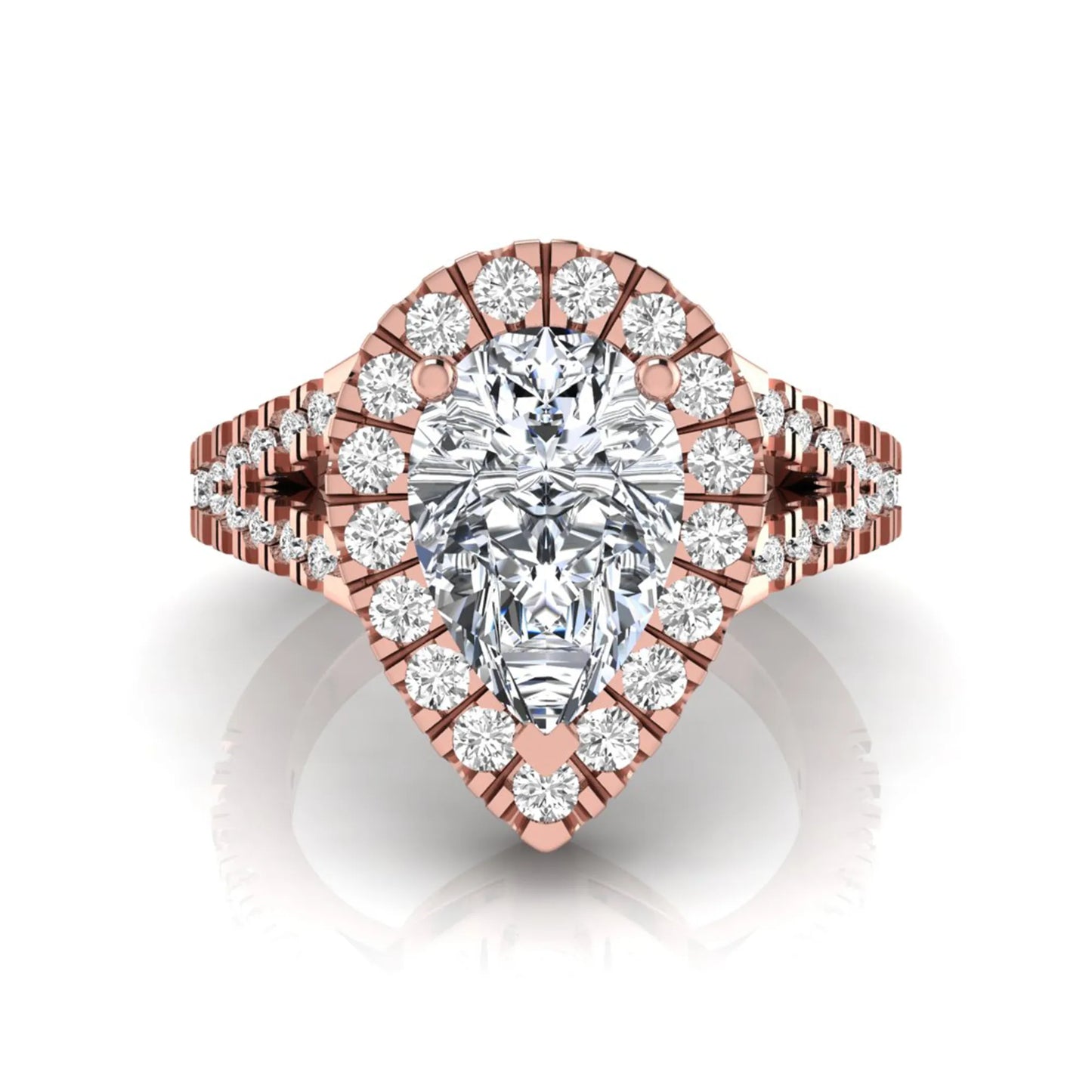 Pear cut halo lab grown diamond engagement ring with round accent diamonds and split shank design in rose gold metal tone
