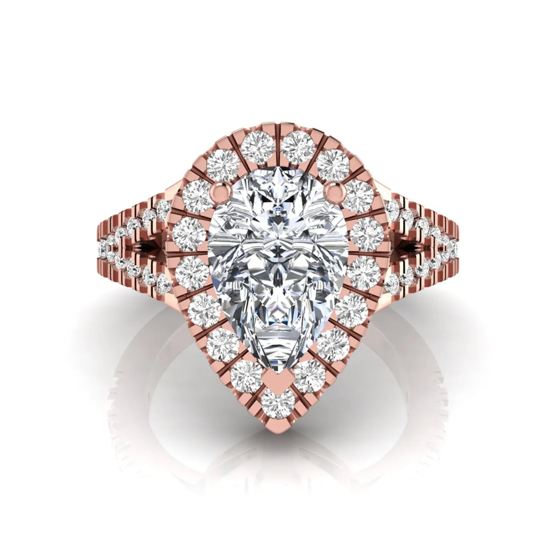 Pear cut halo lab grown diamond engagement ring with round accent diamonds and split shank design in rose gold metal tone