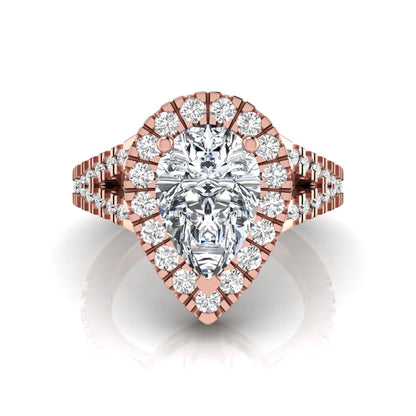 Pear cut halo lab grown diamond engagement ring with round accent diamonds and split shank design in rose gold metal tone