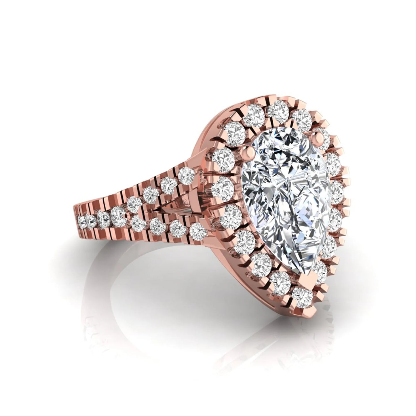 Pear cut halo lab grown diamond engagement ring with round accent diamonds and split shank design in rose gold metal tone
