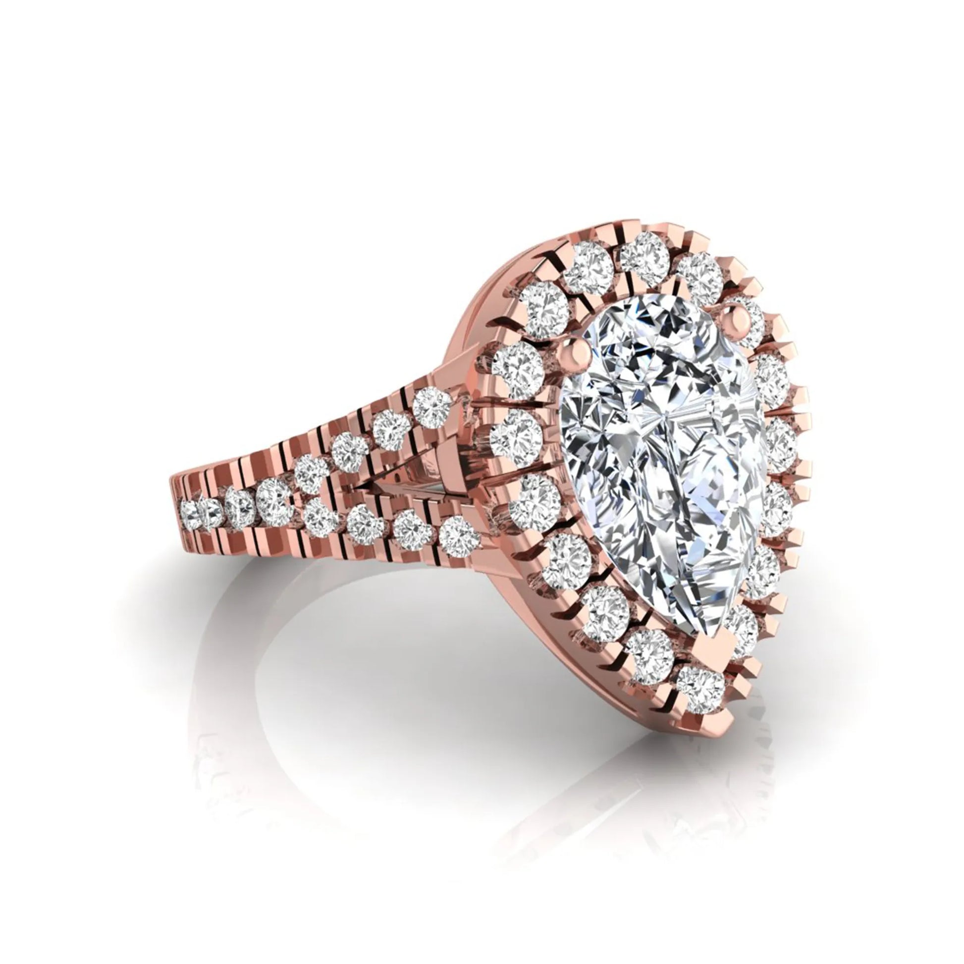 Pear cut halo lab grown diamond engagement ring with round accent diamonds and split shank design in rose gold metal tone