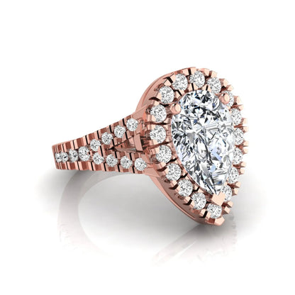 Pear cut halo lab grown diamond engagement ring with round accent diamonds and split shank design in rose gold metal tone