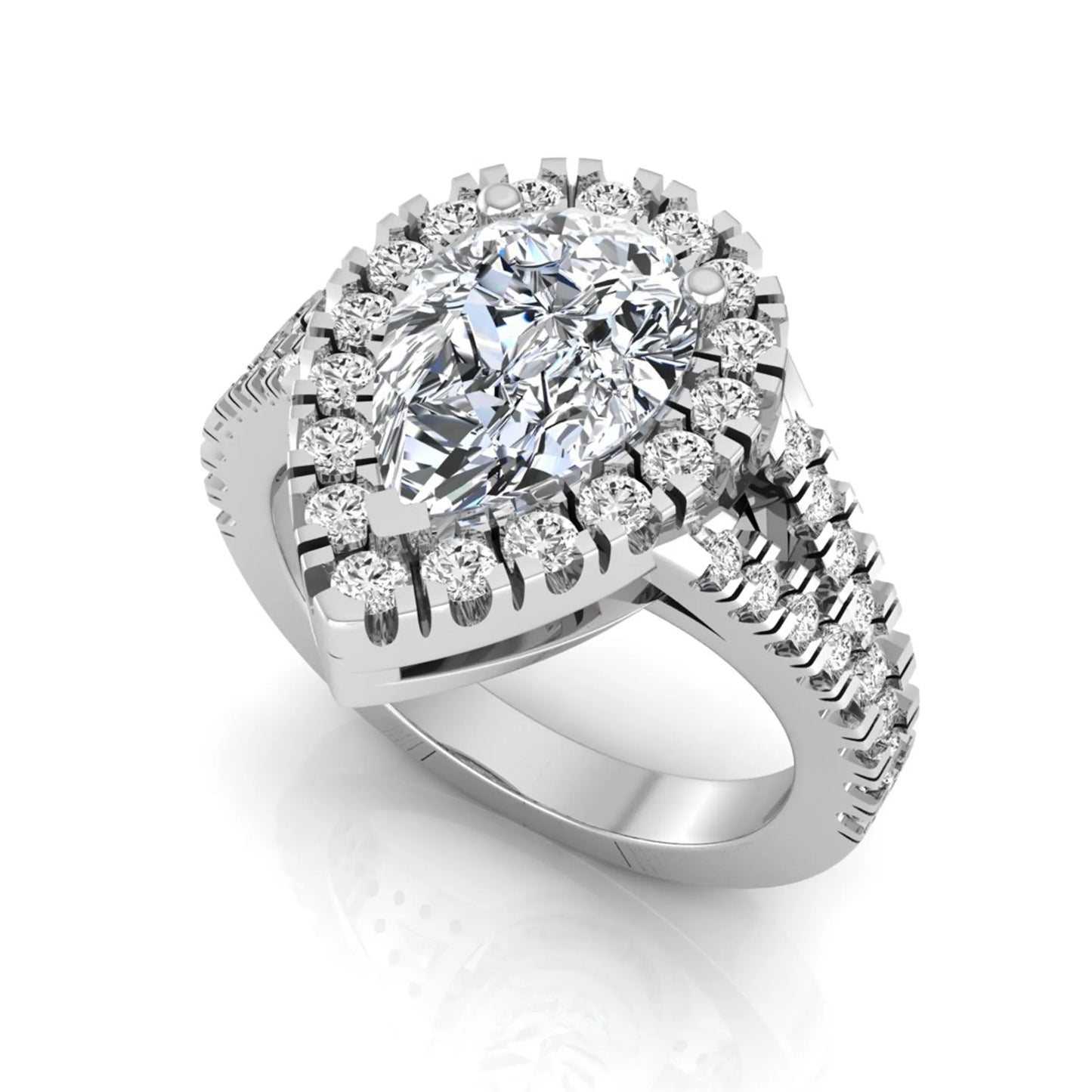 Pear cut halo lab grown diamond engagement ring with round accent diamonds and split shank design in white gold metal tone