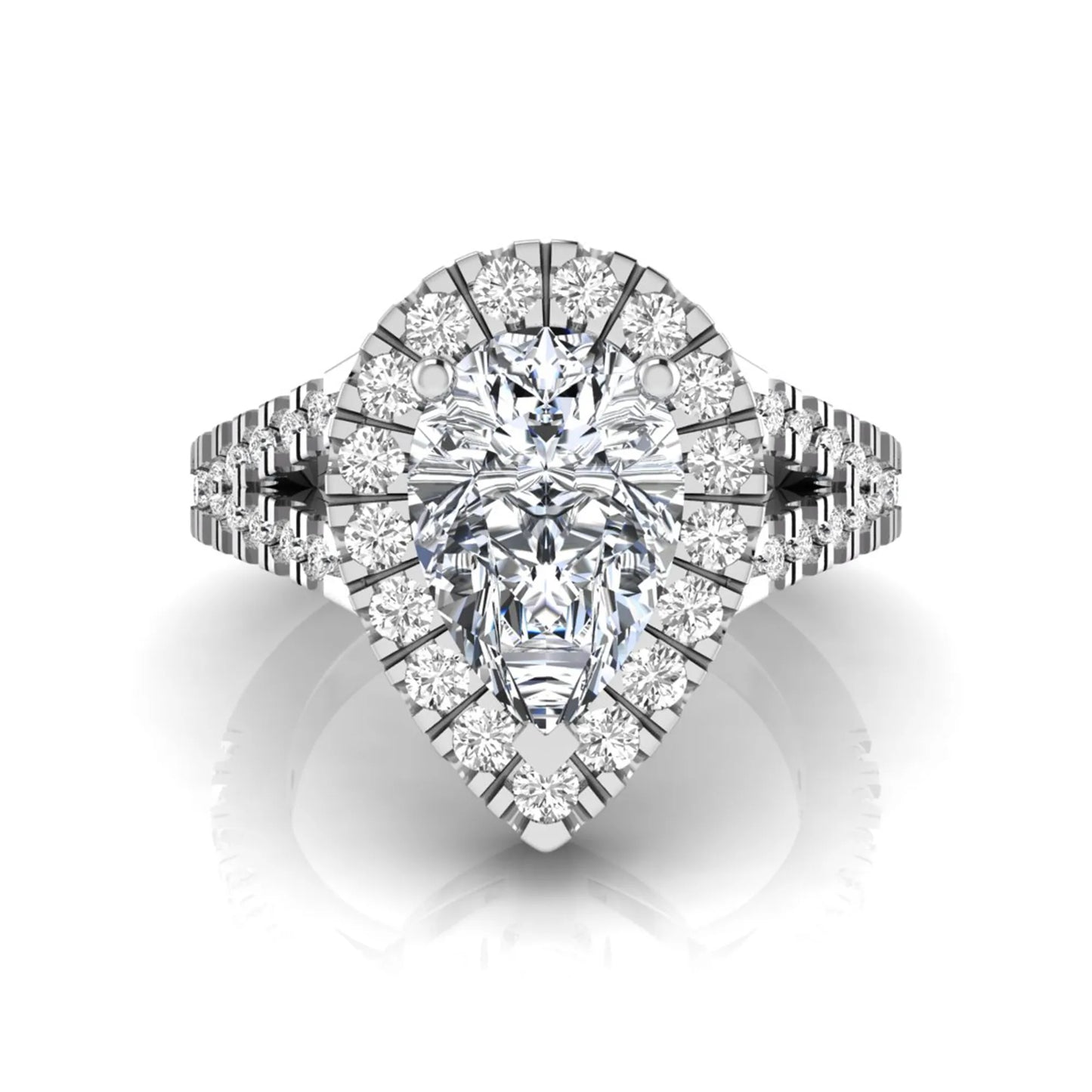 Pear cut halo lab grown diamond engagement ring with round accent diamonds and split shank design in white gold metal tone