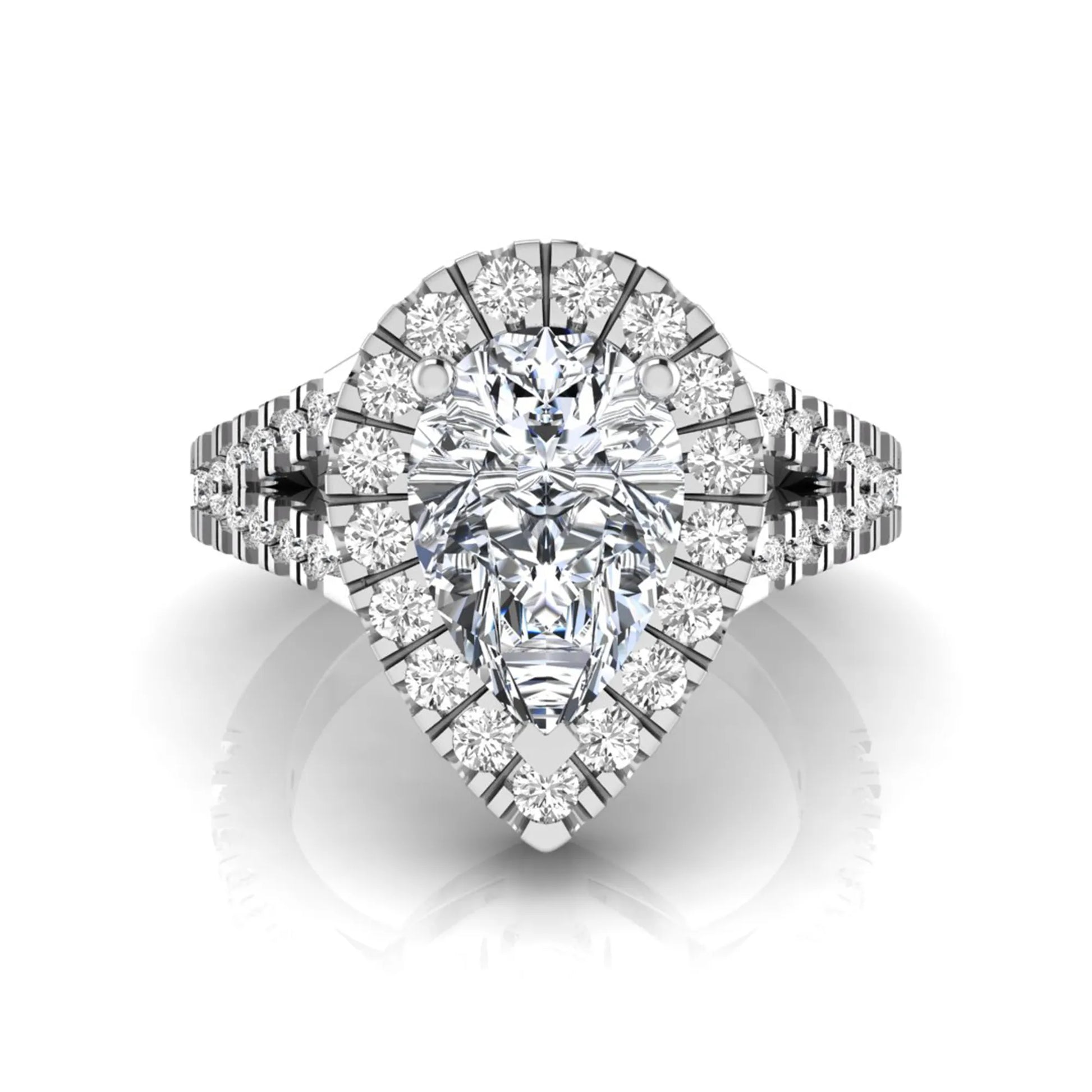Pear cut halo lab grown diamond engagement ring with round accent diamonds and split shank design in white gold metal tone