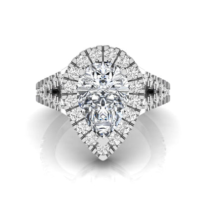 Pear cut halo lab grown diamond engagement ring with round accent diamonds and split shank design in white gold metal tone