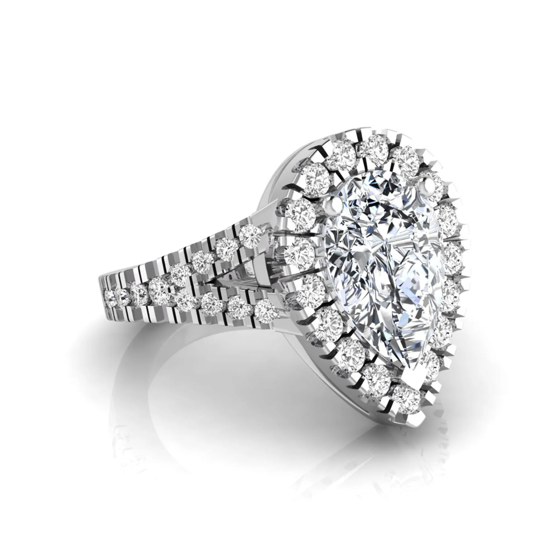 Pear cut halo lab grown diamond engagement ring with round accent diamonds and split shank design in white gold metal tone
