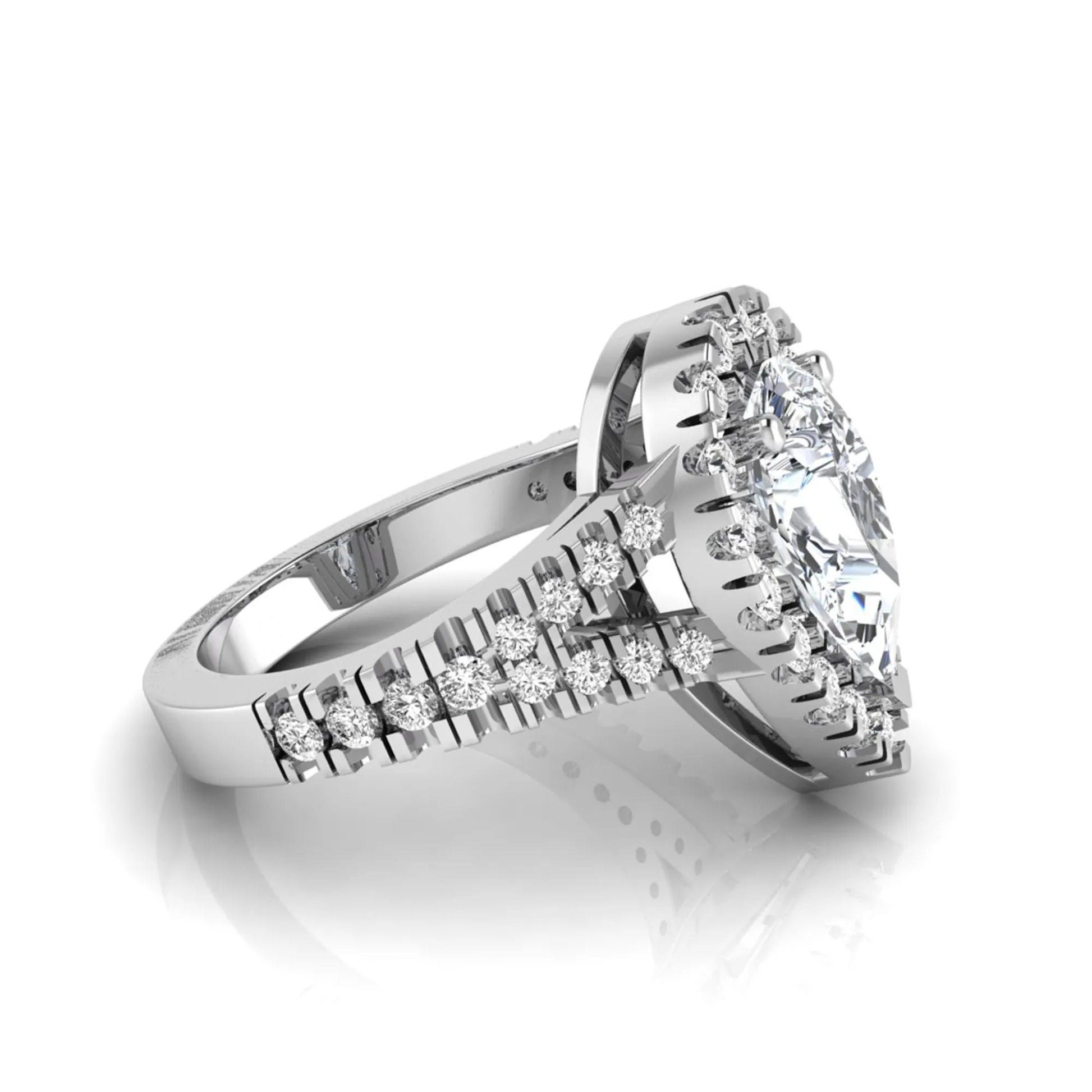 Pear cut halo lab grown diamond engagement ring with round accent diamonds and split shank design in white gold metal tone