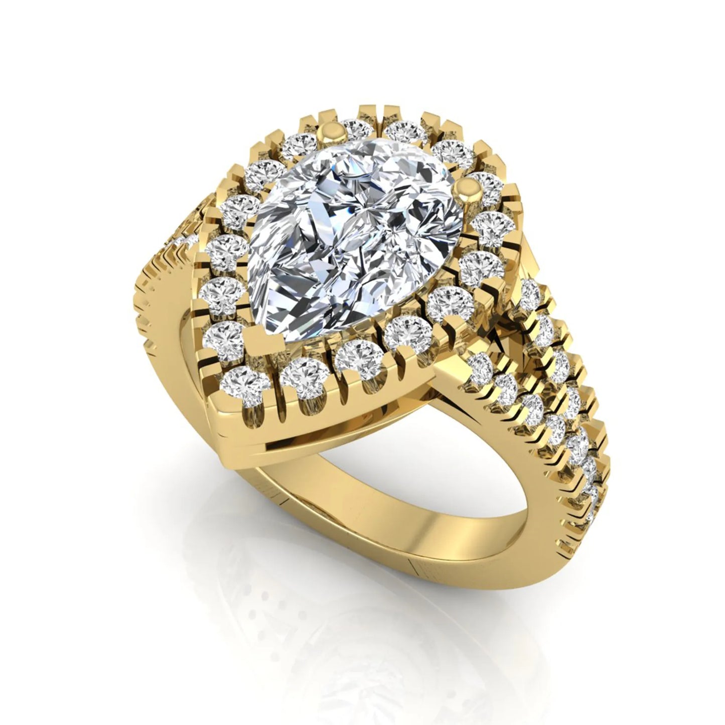 Pear cut halo lab grown diamond engagement ring with round accent diamonds and split shank design in yellow gold metal tone