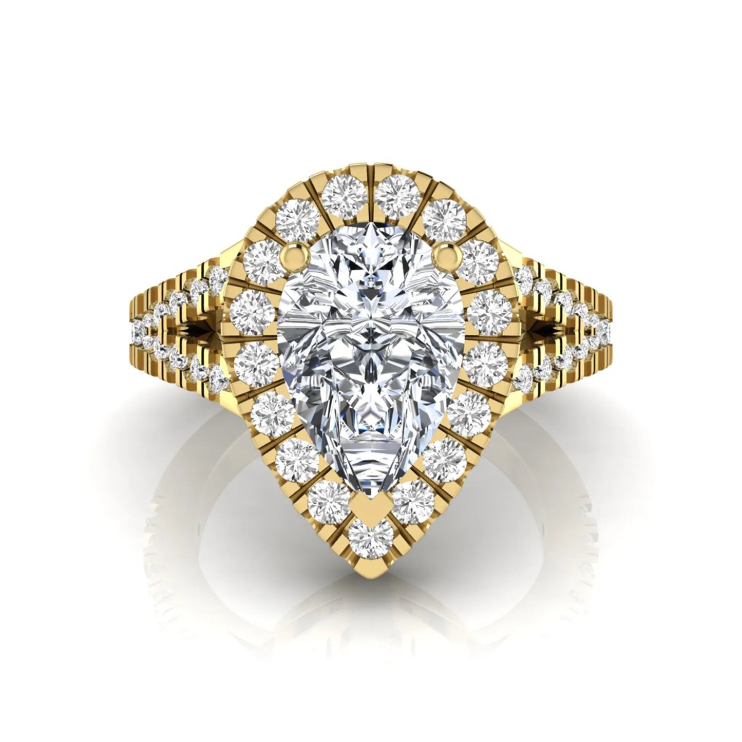 Pear cut halo lab grown diamond engagement ring with round accent diamonds and split shank design in yellow gold metal tone