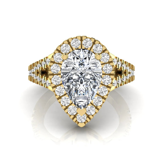Pear cut halo lab grown diamond engagement ring with round accent diamonds and split shank design in yellow gold metal tone