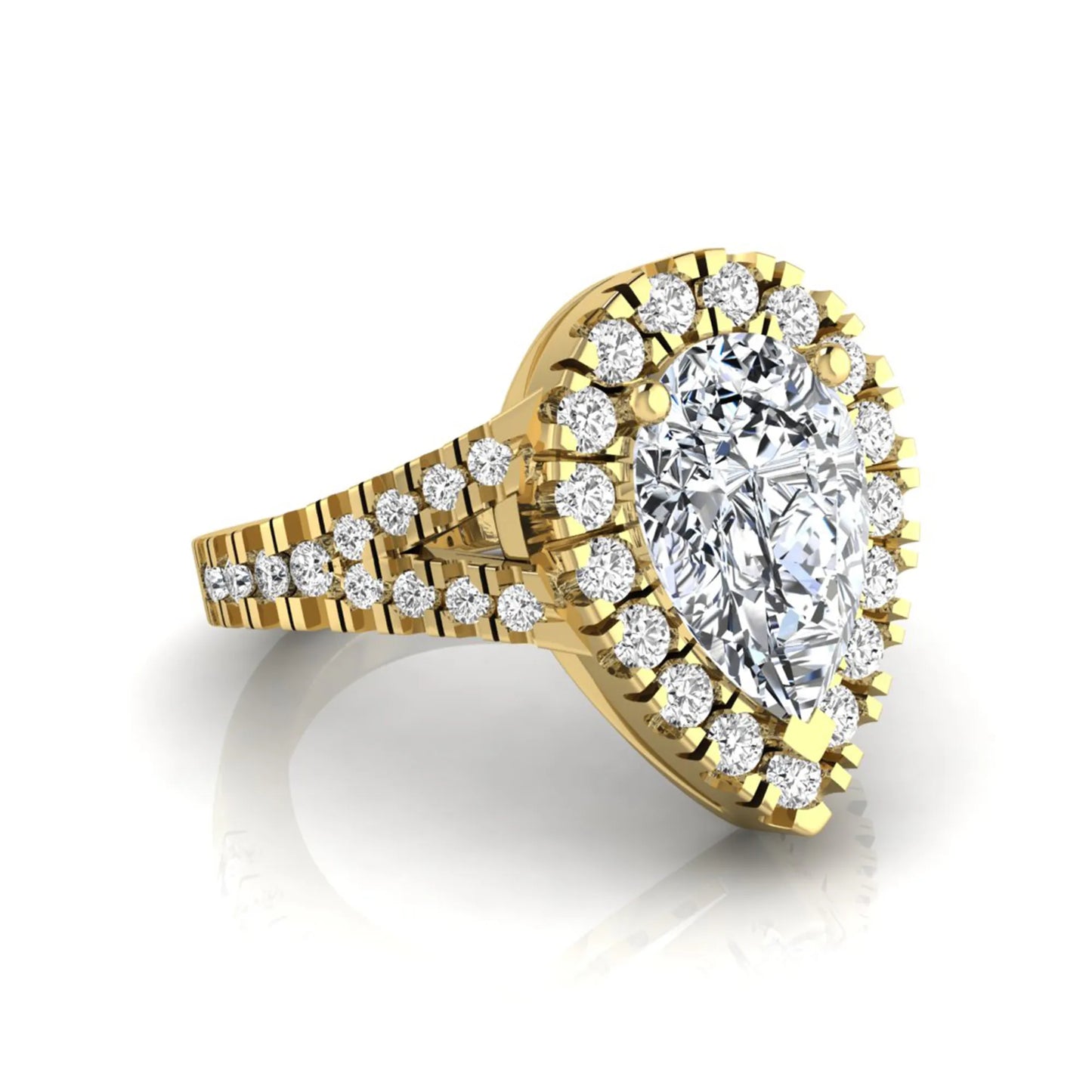 Pear cut halo lab grown diamond engagement ring with round accent diamonds and split shank design in yellow gold metal tone