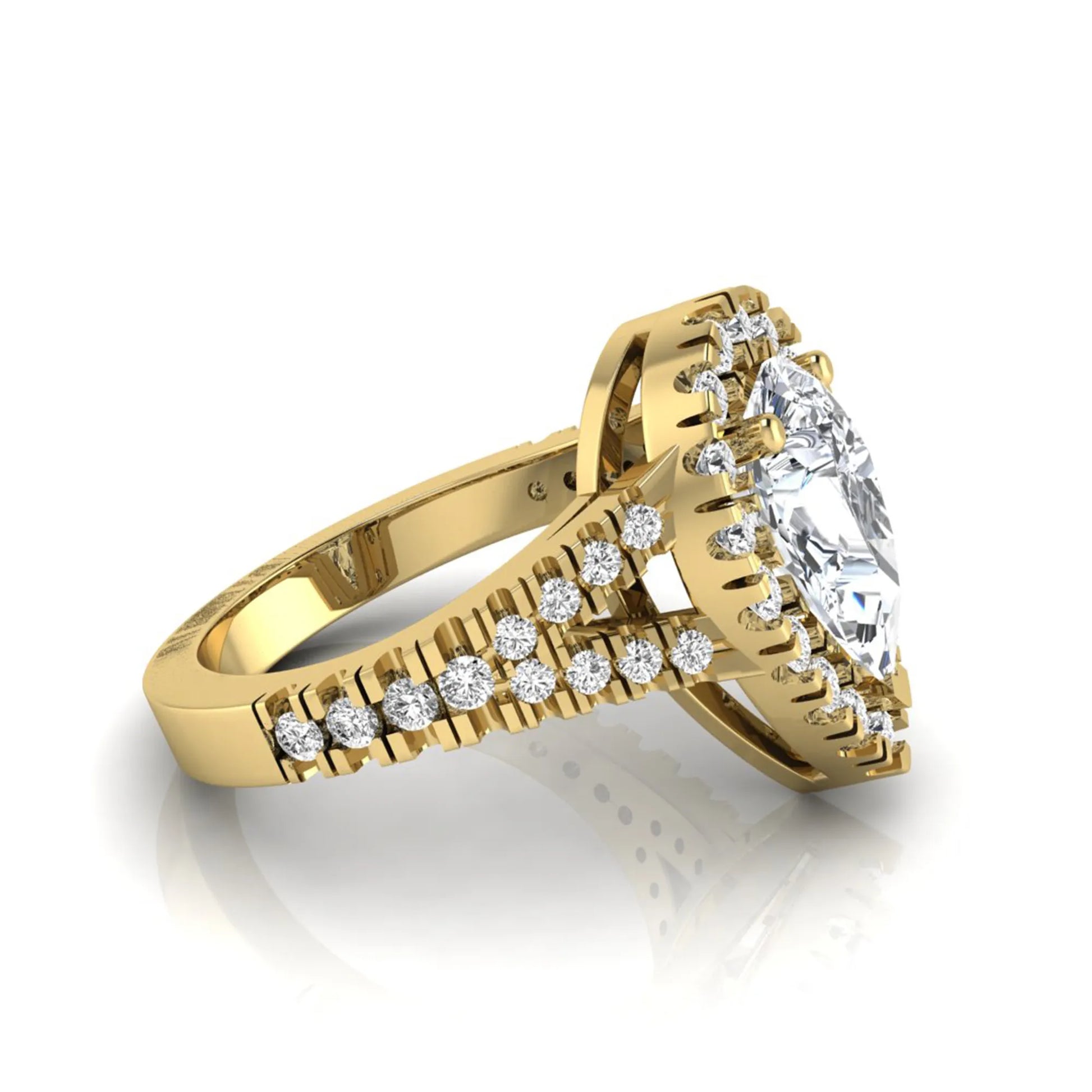 Pear cut halo lab grown diamond engagement ring with round accent diamonds and split shank design in yellow gold metal tone