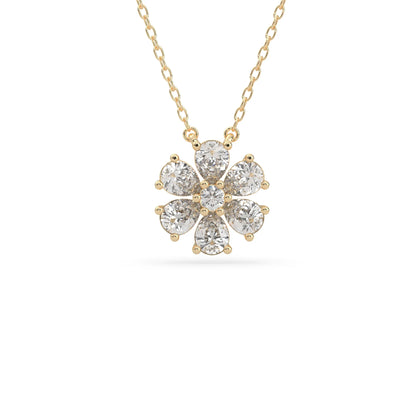 Pear cut and round lab grown diamond flower pendant necklace with prong setting in yellow gold tone on chain.