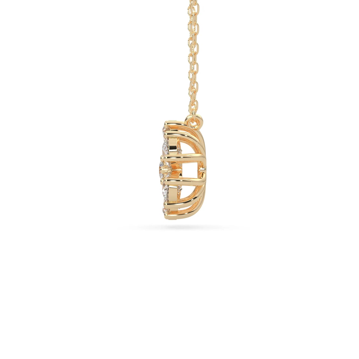 Pear cut and round lab grown diamond flower pendant necklace with prong setting in yellow gold tone on chain.