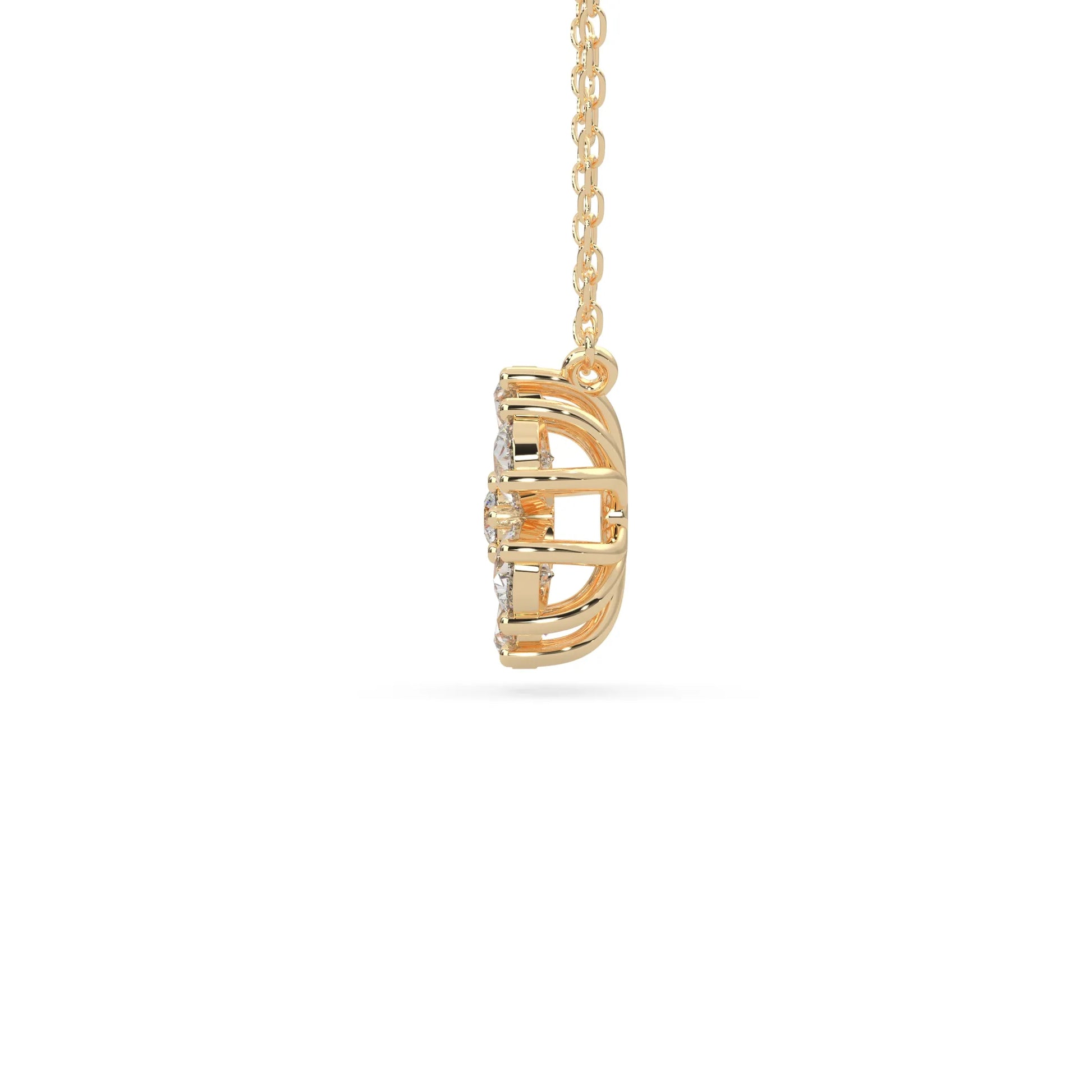 Pear cut and round lab grown diamond flower pendant necklace with prong setting in yellow gold tone on chain.