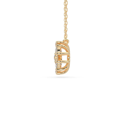 Pear cut and round lab grown diamond flower pendant necklace with prong setting in yellow gold tone on chain.