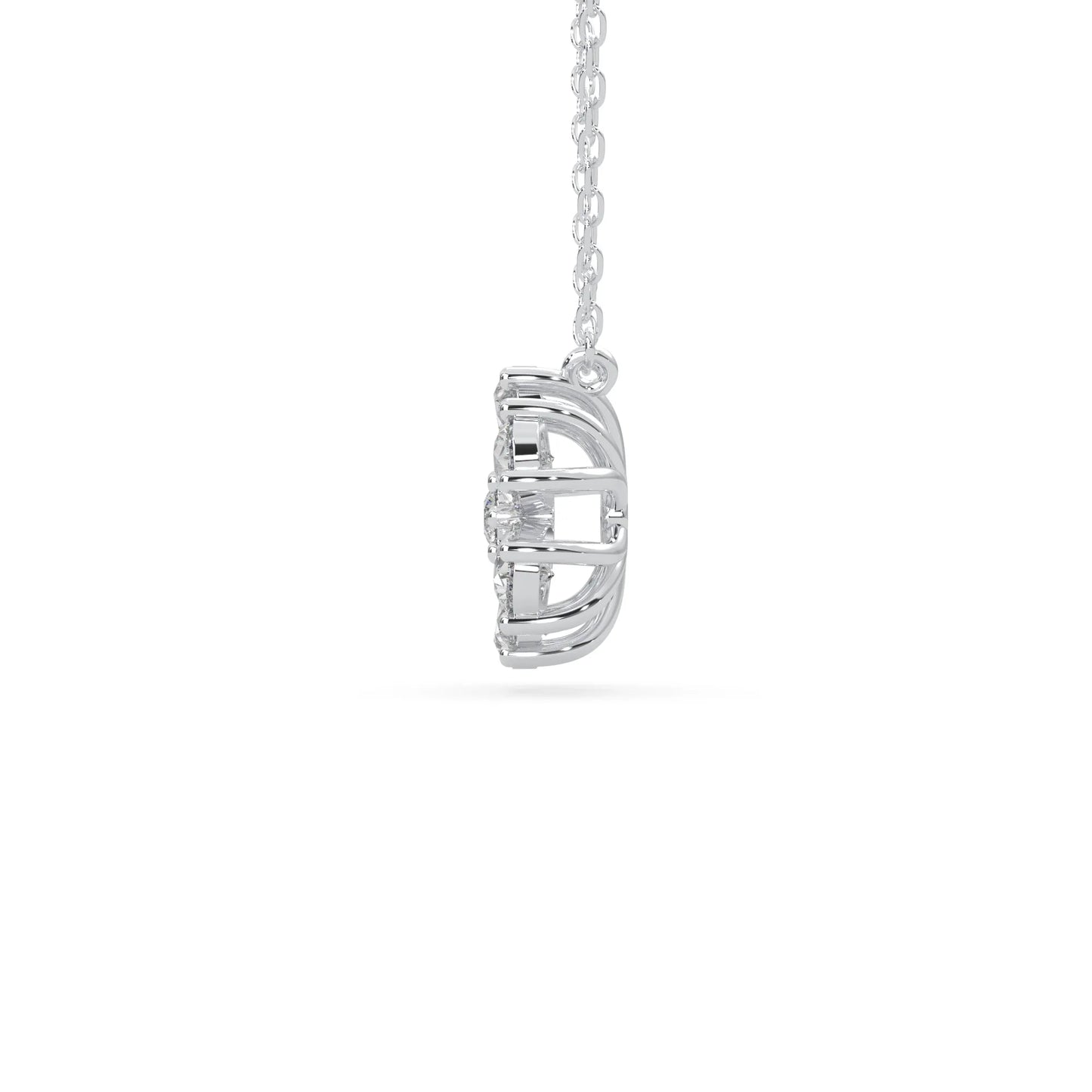 Pear cut and round lab grown diamond flower pendant necklace with prong setting in white gold tone on chain.
