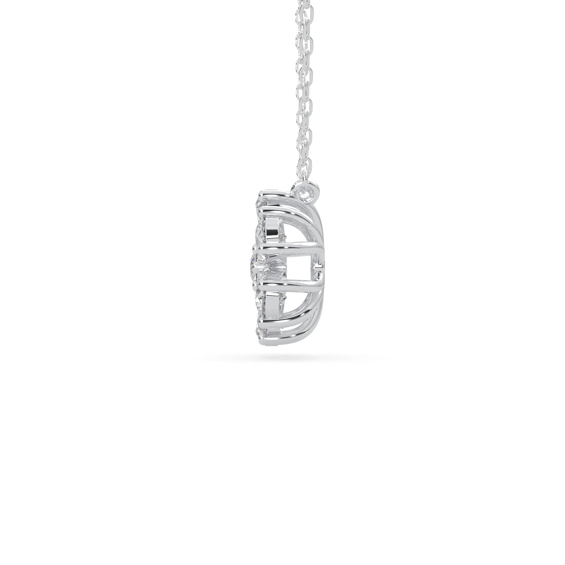 Pear cut and round lab grown diamond flower pendant necklace with prong setting in white gold tone on chain.