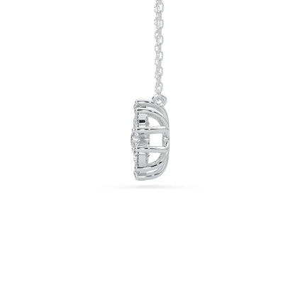 Pear cut and round lab grown diamond flower pendant necklace with prong setting in white gold tone on chain.