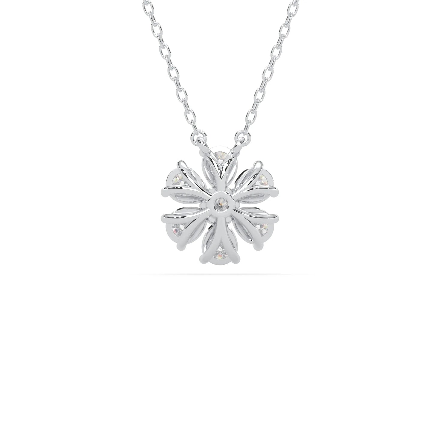 Pear cut and round lab grown diamond flower pendant necklace with prong setting in white gold tone on chain.