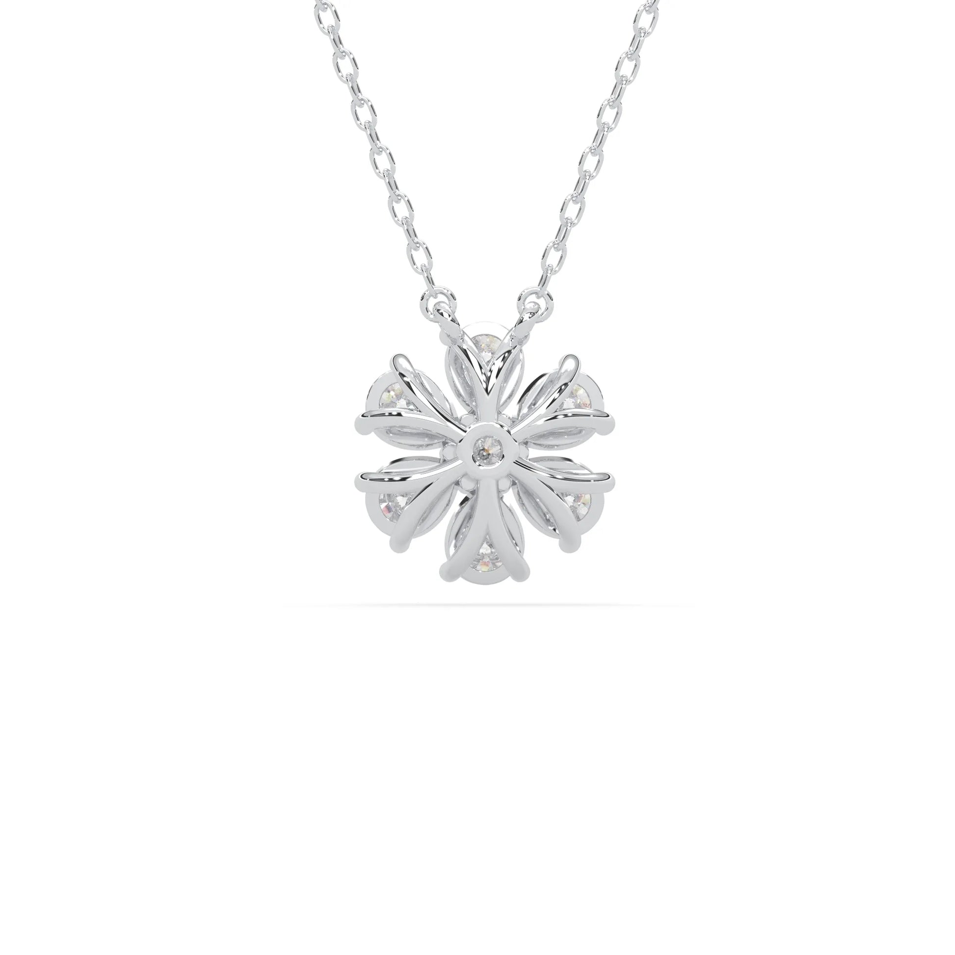 Pear cut and round lab grown diamond flower pendant necklace with prong setting in white gold tone on chain.