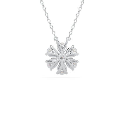 Pear cut and round lab grown diamond flower pendant necklace with prong setting in white gold tone on chain.