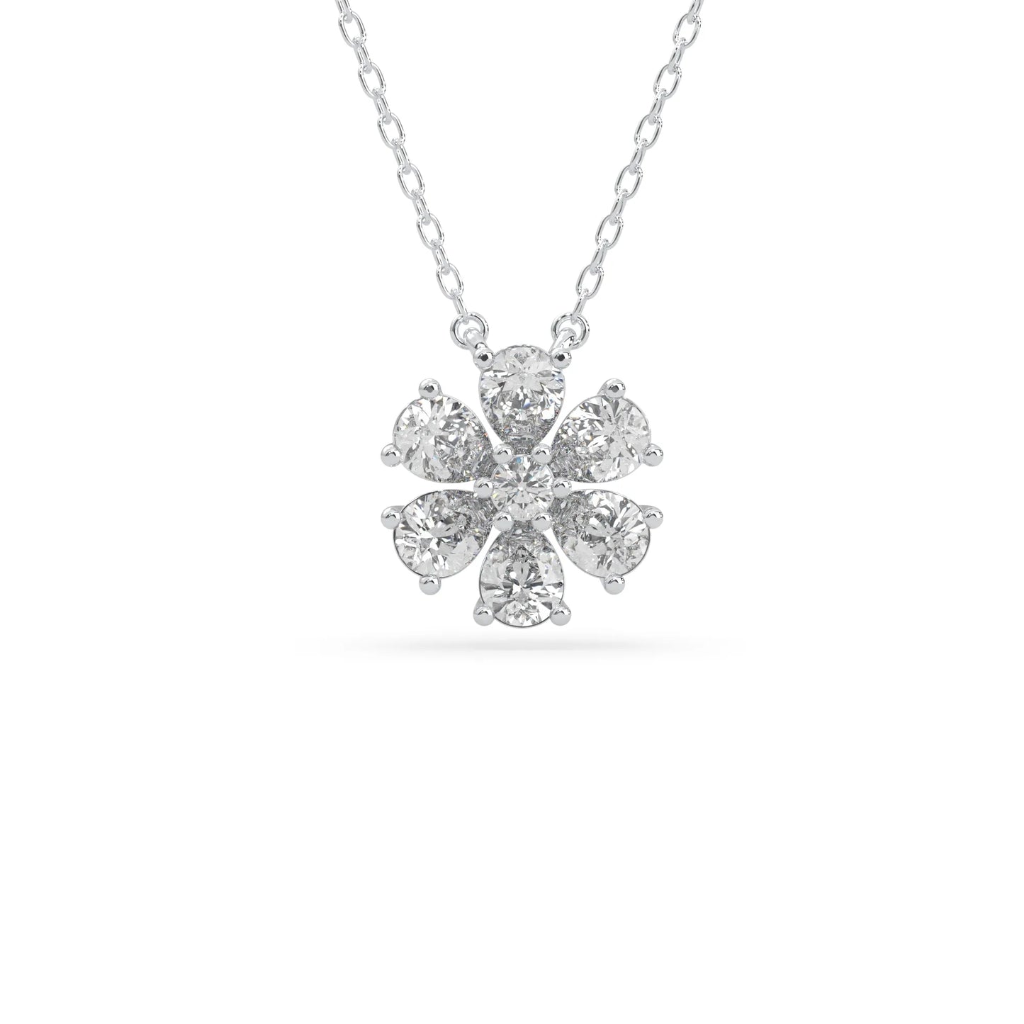 Pear cut and round lab grown diamond flower pendant necklace with prong setting in white gold tone on chain.