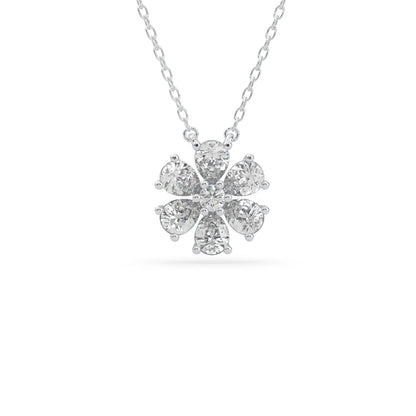 Pear cut and round lab grown diamond flower pendant necklace with prong setting in white gold tone on chain.