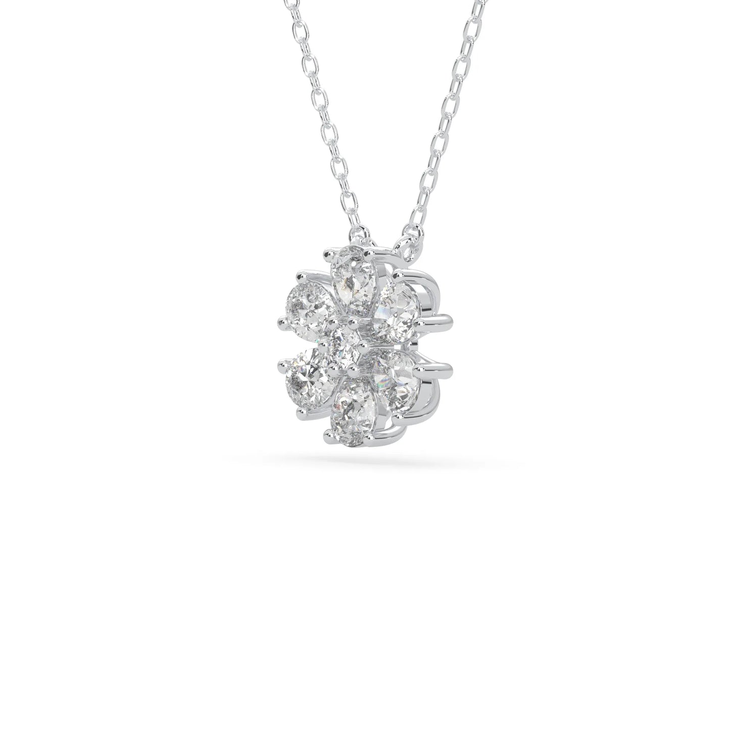 Pear cut and round lab grown diamond flower pendant necklace with prong setting in white gold tone on chain.