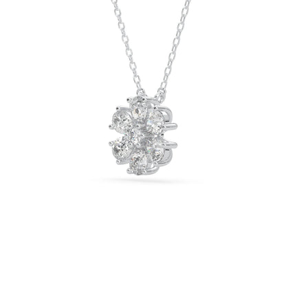 Pear cut and round lab grown diamond flower pendant necklace with prong setting in white gold tone on chain.