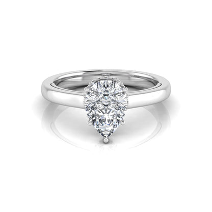 Pear cut lab grown diamond engagement ring featuring a hidden halo of round diamonds in a six-prong setting with a polished white gold tone band.