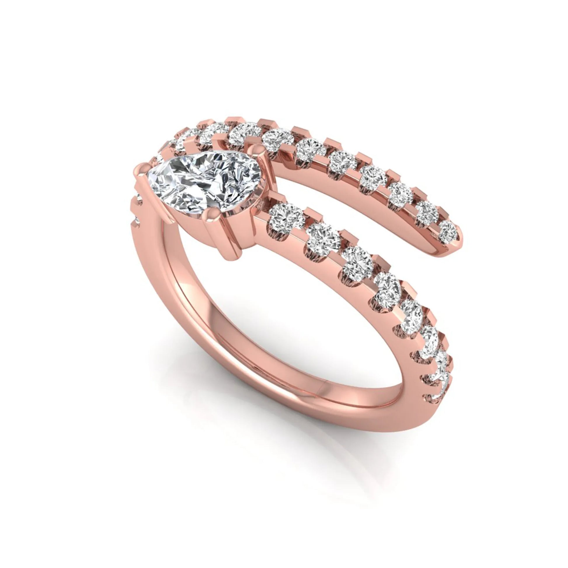 Pear cut lab grown diamond double wrap ring with pavé round diamond bands in polished rose gold.