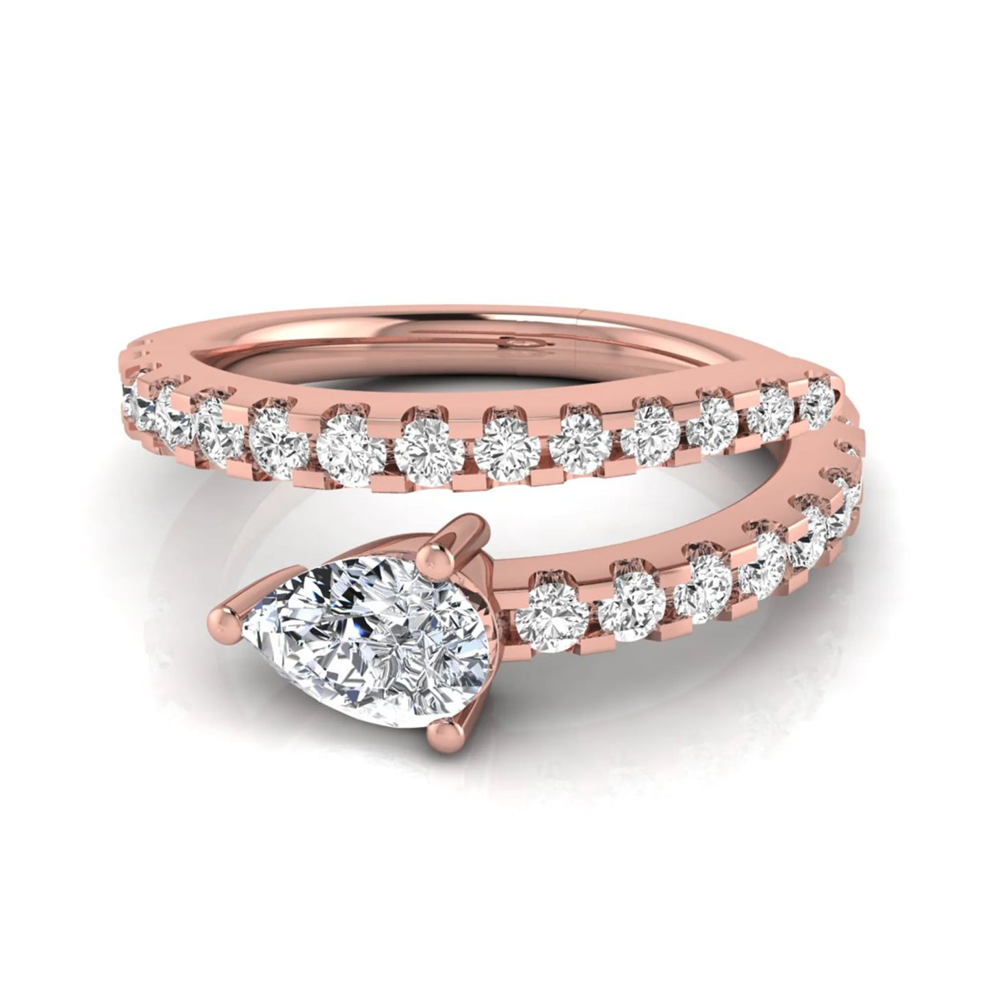 Pear cut lab grown diamond double wrap ring with pavé round diamond bands in polished rose gold.