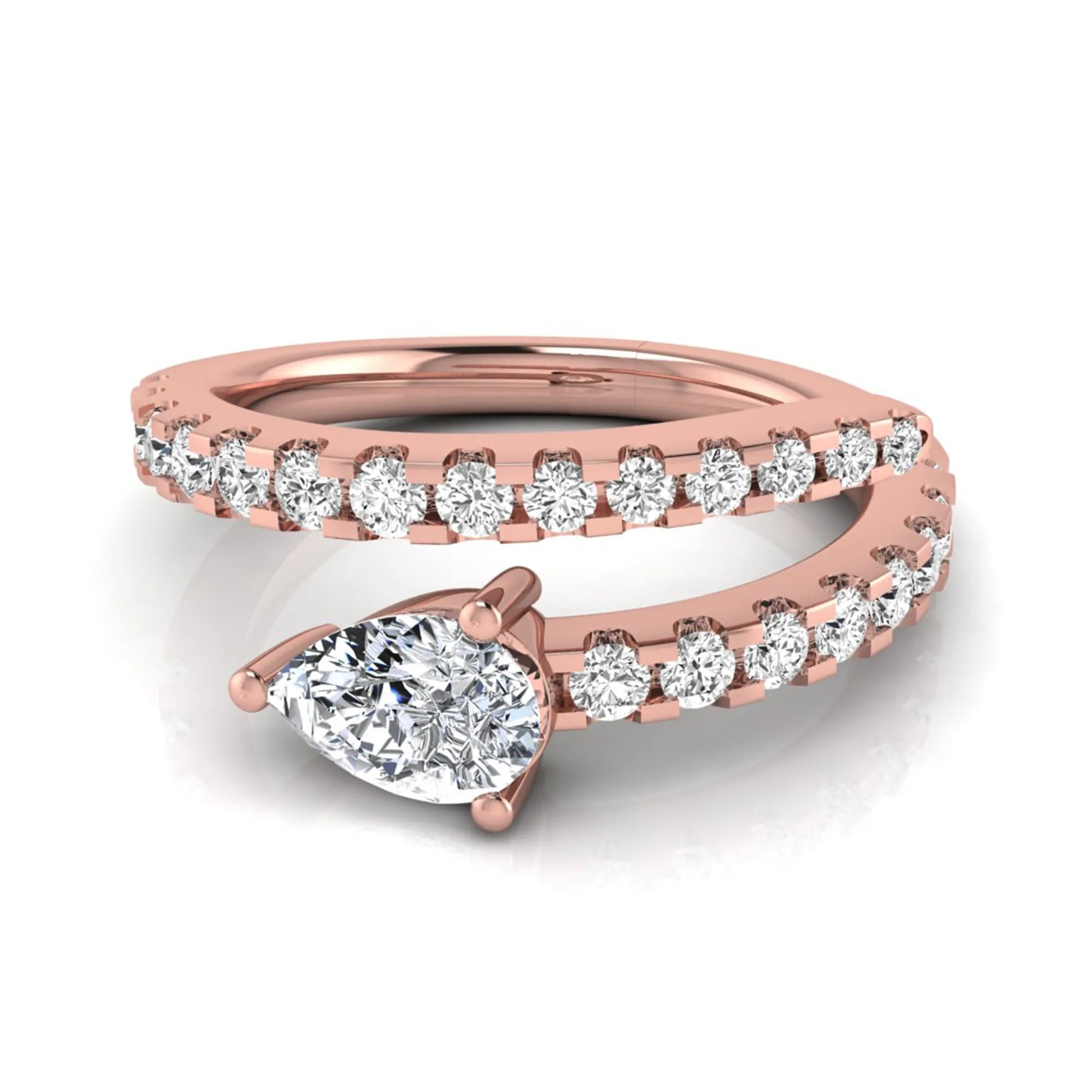 Pear cut lab grown diamond double wrap ring with pavé round diamond bands in polished rose gold.