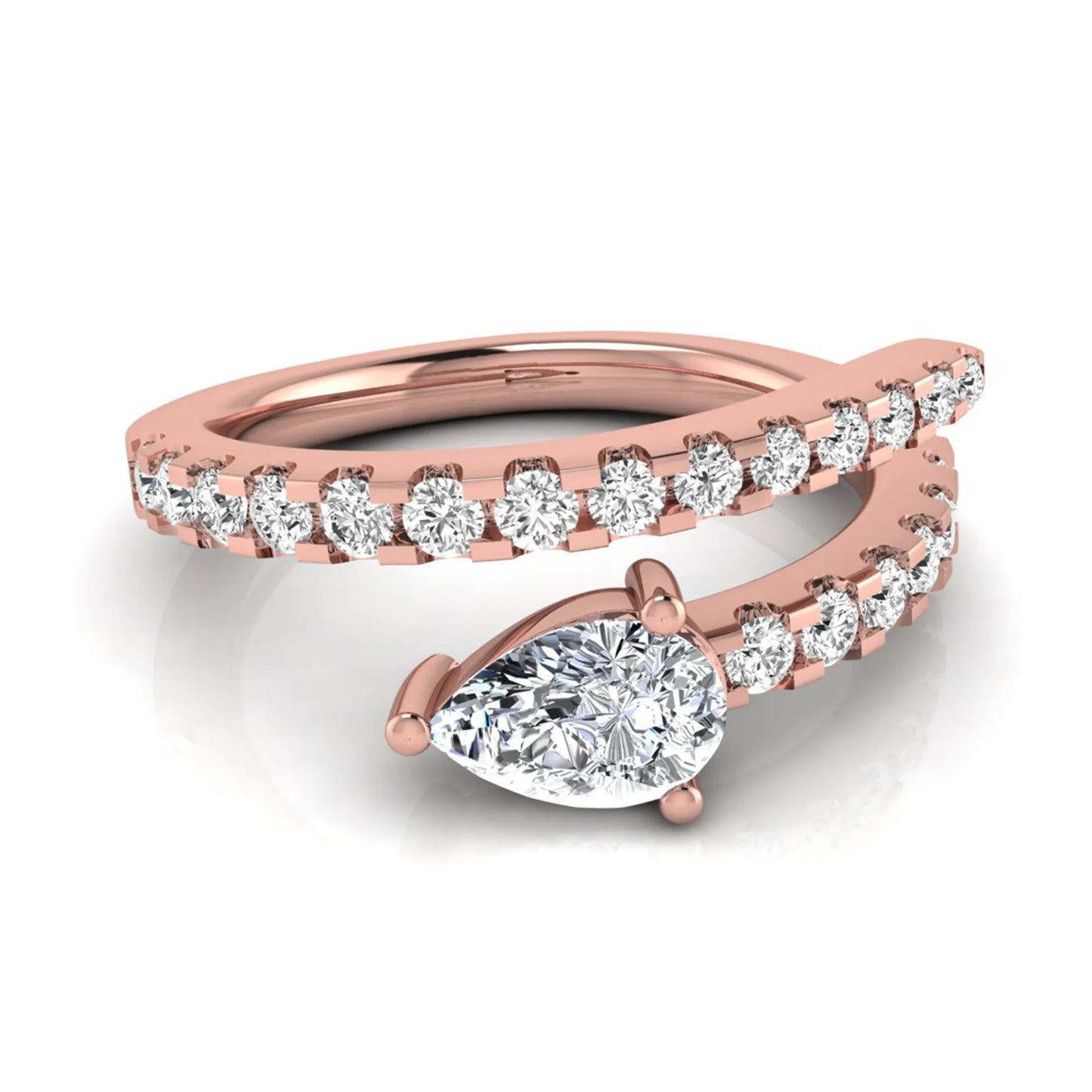 Pear cut lab grown diamond double wrap ring with pavé round diamond bands in polished rose gold.