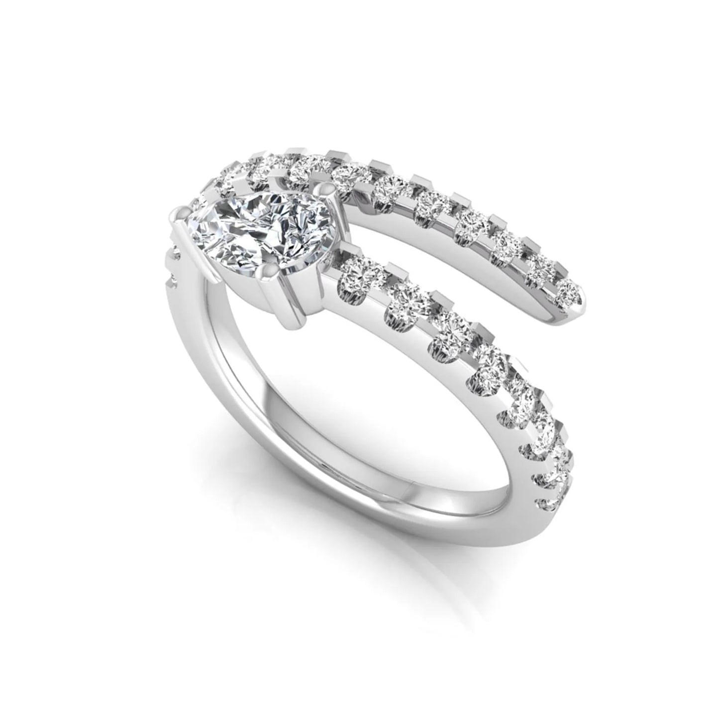 Pear cut lab grown diamond double wrap ring with pavé round diamond bands in polished white gold.