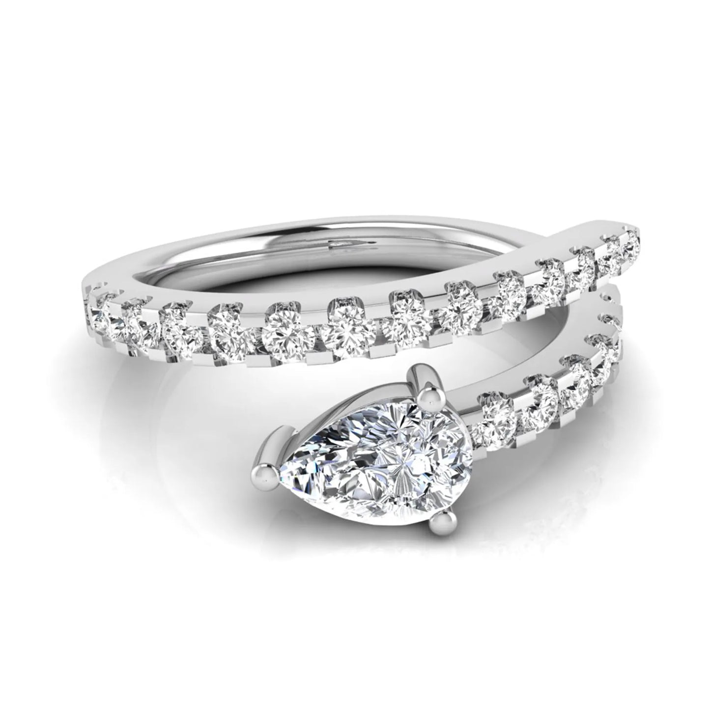 Pear cut lab grown diamond double wrap ring with pavé round diamond bands in polished white gold.