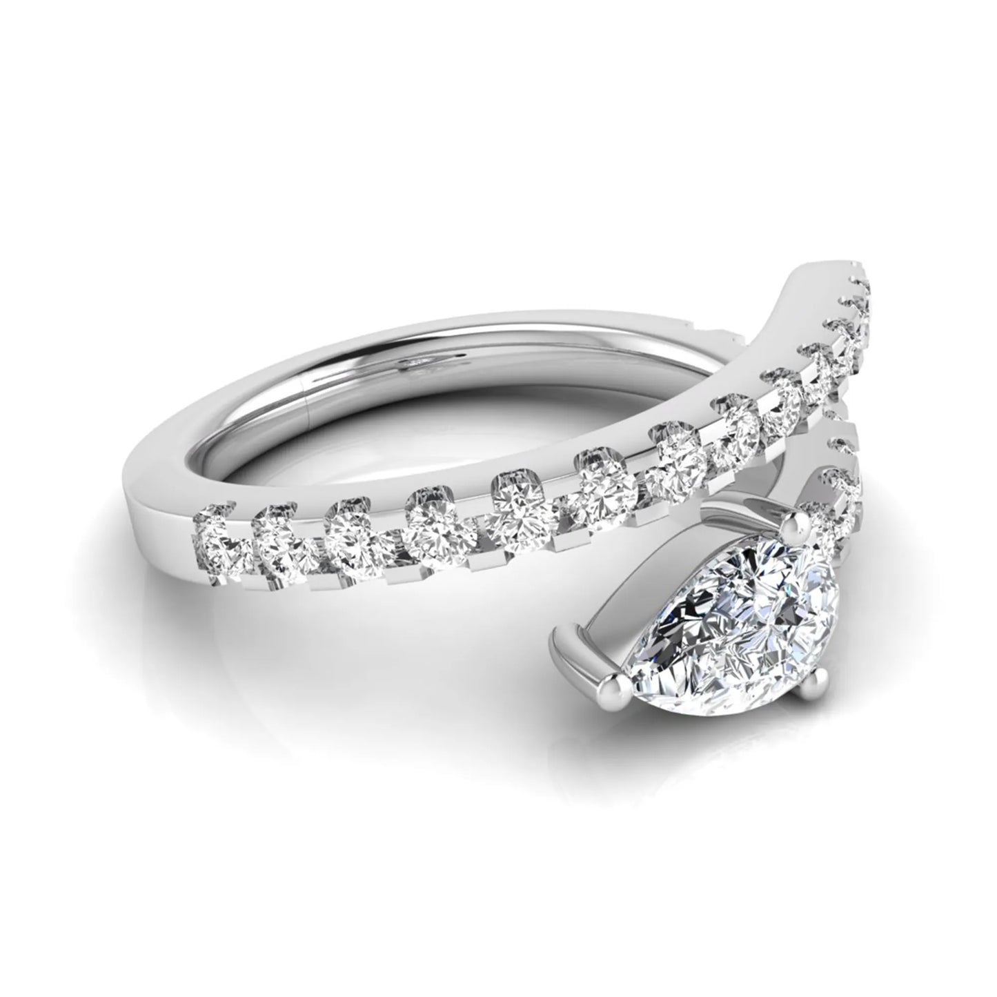 Pear cut lab grown diamond double wrap ring with pavé round diamond bands in polished white gold.