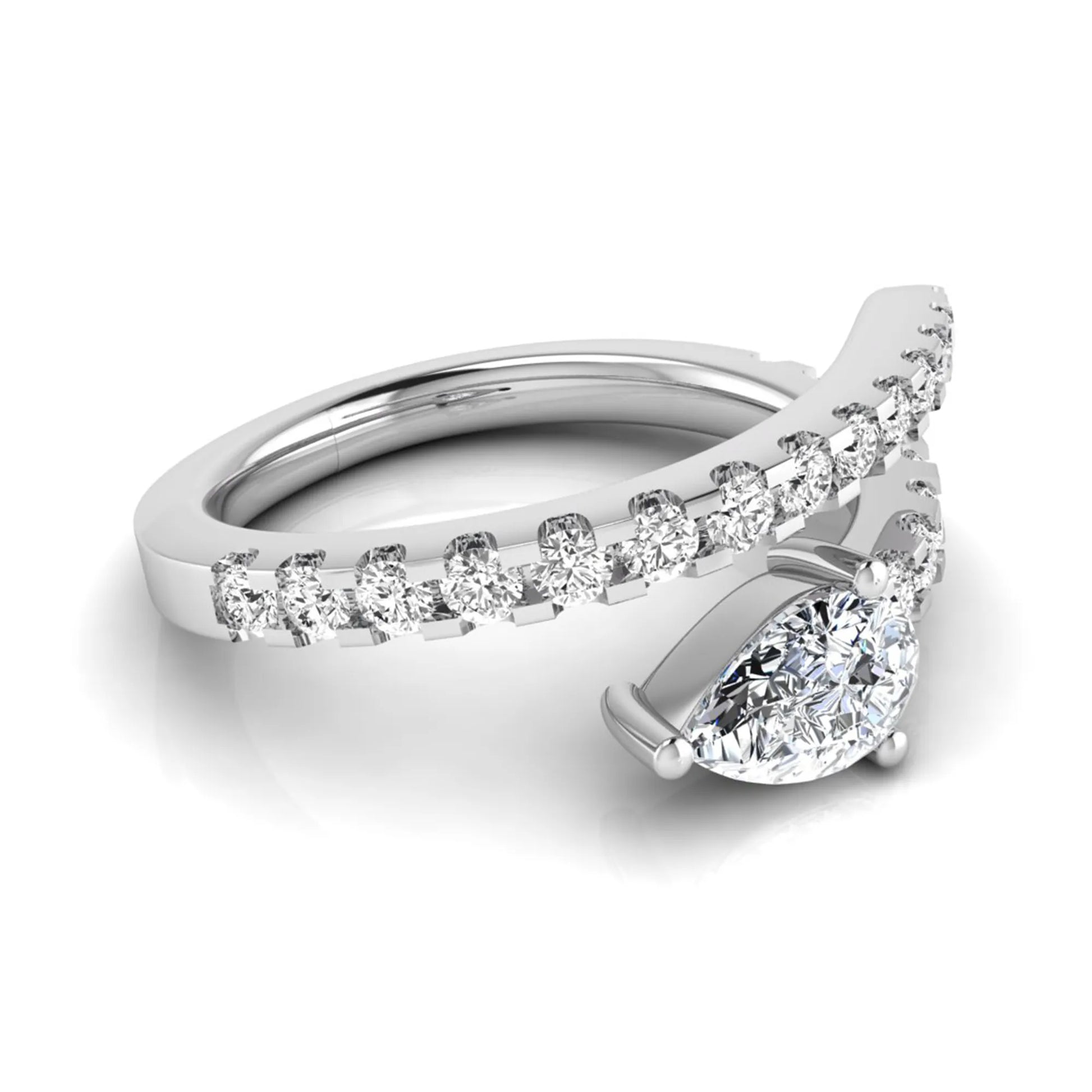 Pear cut lab grown diamond double wrap ring with pavé round diamond bands in polished white gold.