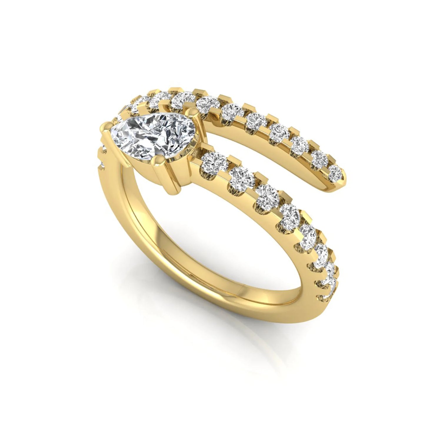 Pear cut lab grown diamond double wrap ring with pavé round diamond bands in polished yellow gold.
