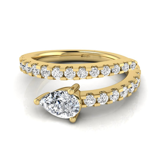 Pear cut lab grown diamond double wrap ring with pavé round diamond bands in polished yellow gold.