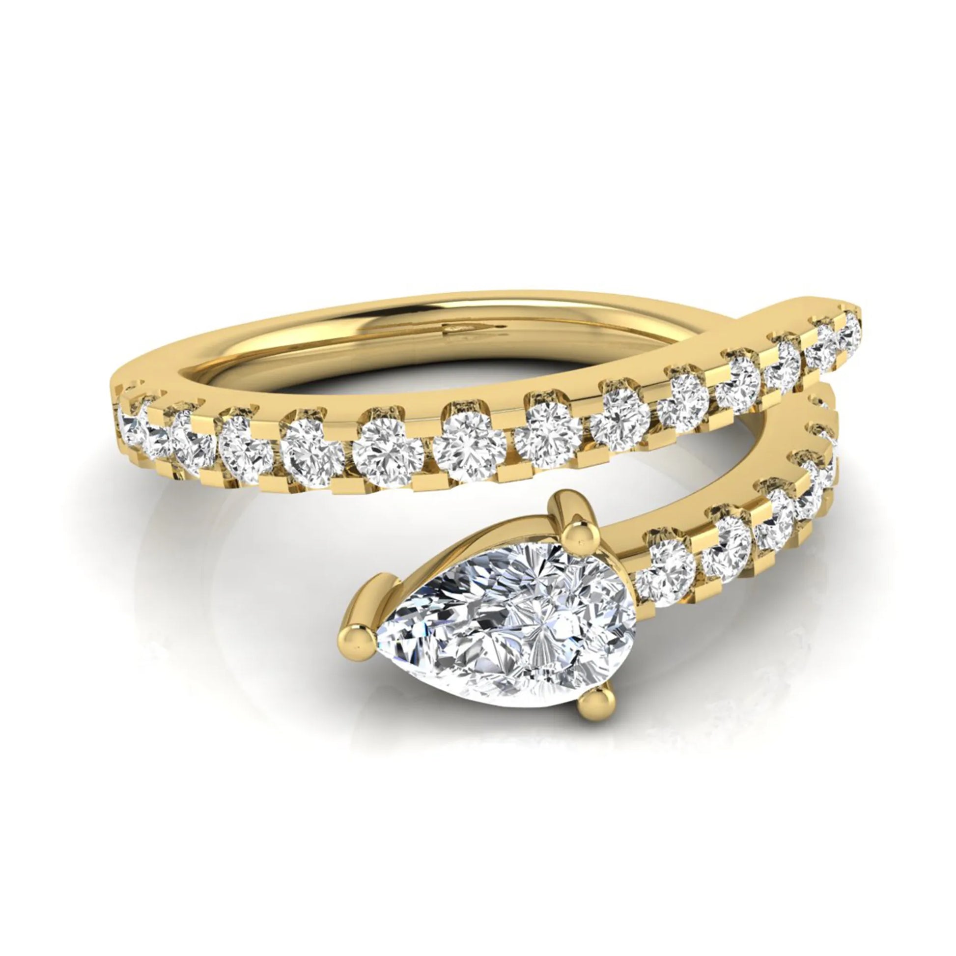 Pear cut lab grown diamond double wrap ring with pavé round diamond bands in polished yellow gold.