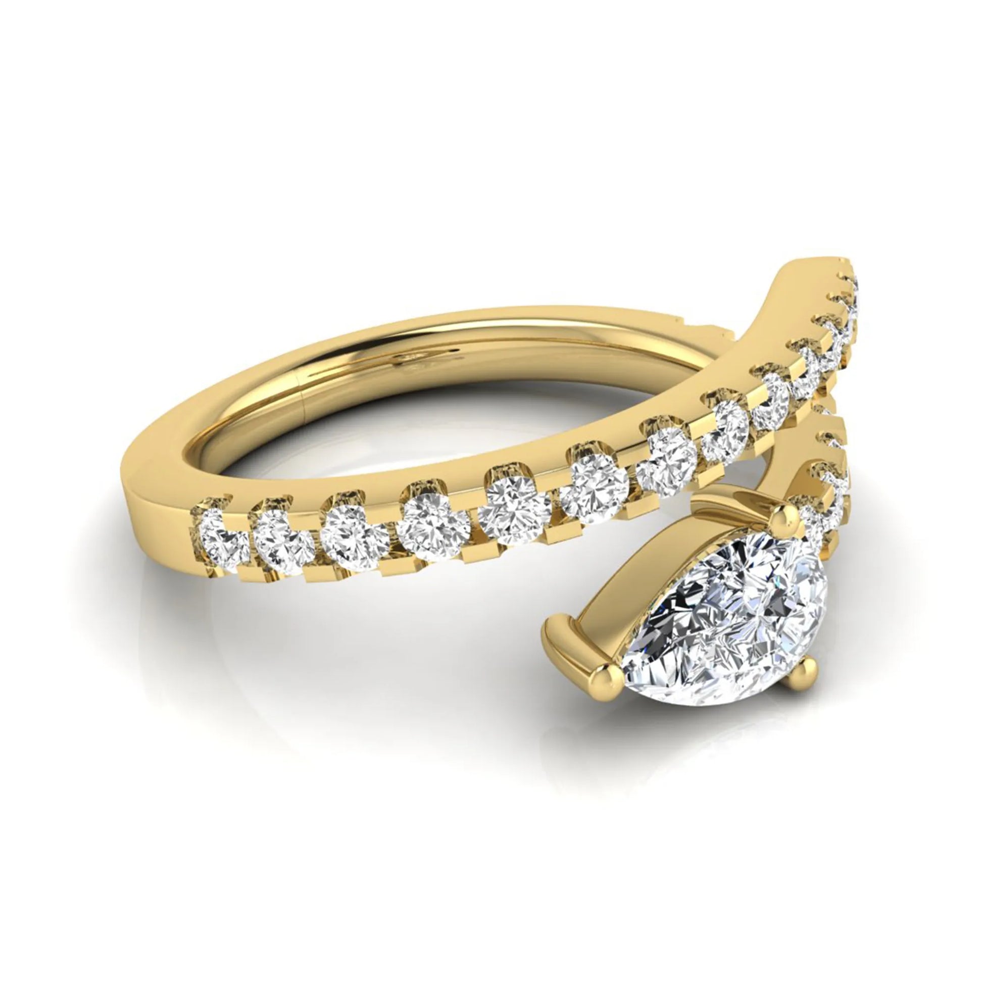 Pear cut lab grown diamond double wrap ring with pavé round diamond bands in polished yellow gold.