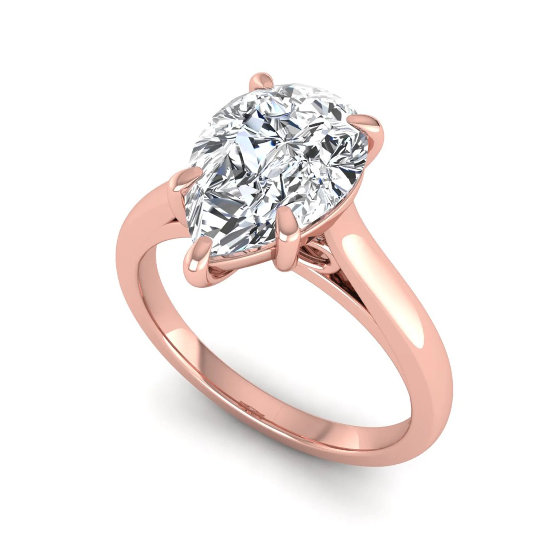 Pear lab grown diamond solitaire engagement ring featuring a 3.00 carat IGI certified pear cut diamond in a classic five-prong rose gold setting.