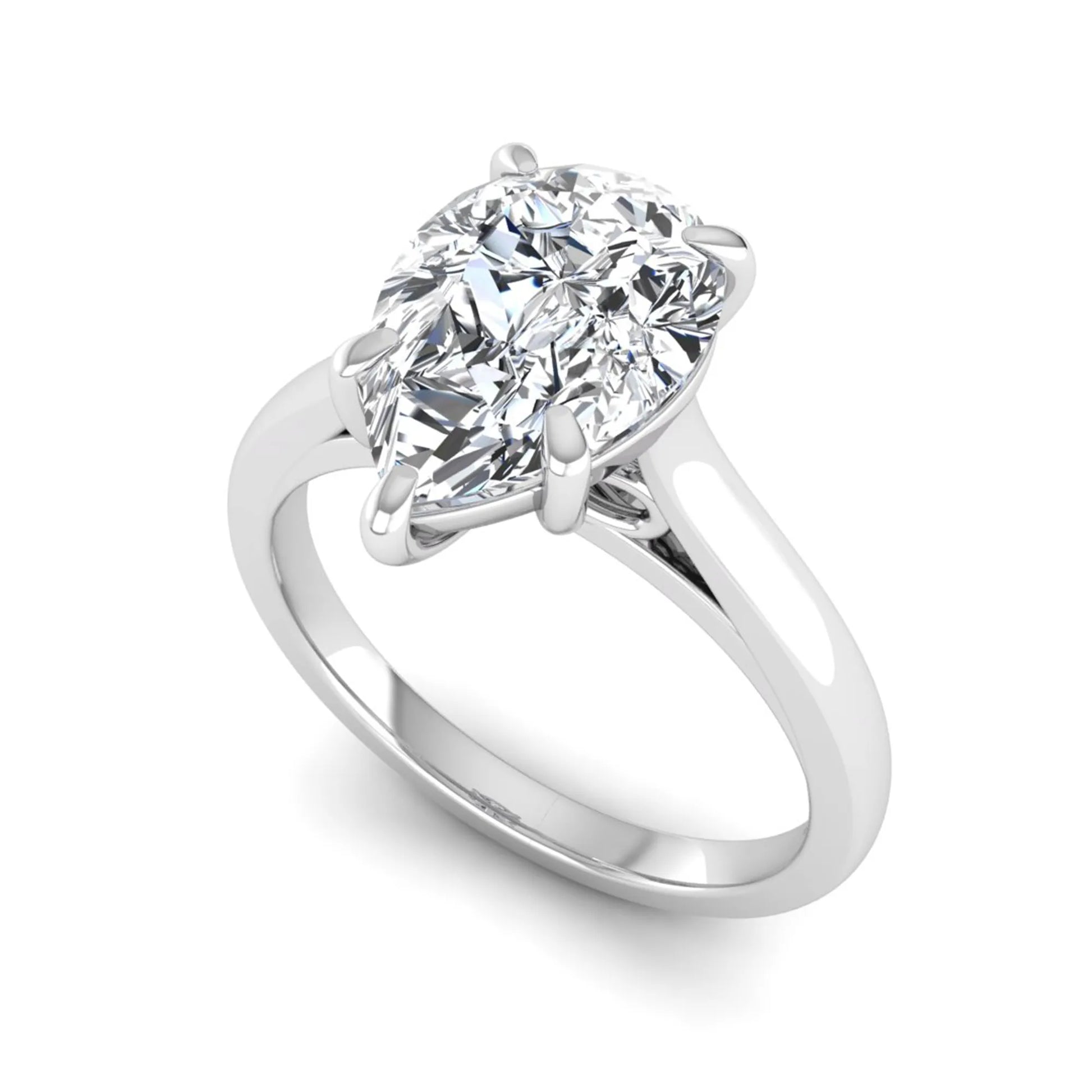 Pear lab grown diamond solitaire engagement ring featuring a 3.00 carat IGI certified pear cut diamond in a classic five-prong white gold setting.