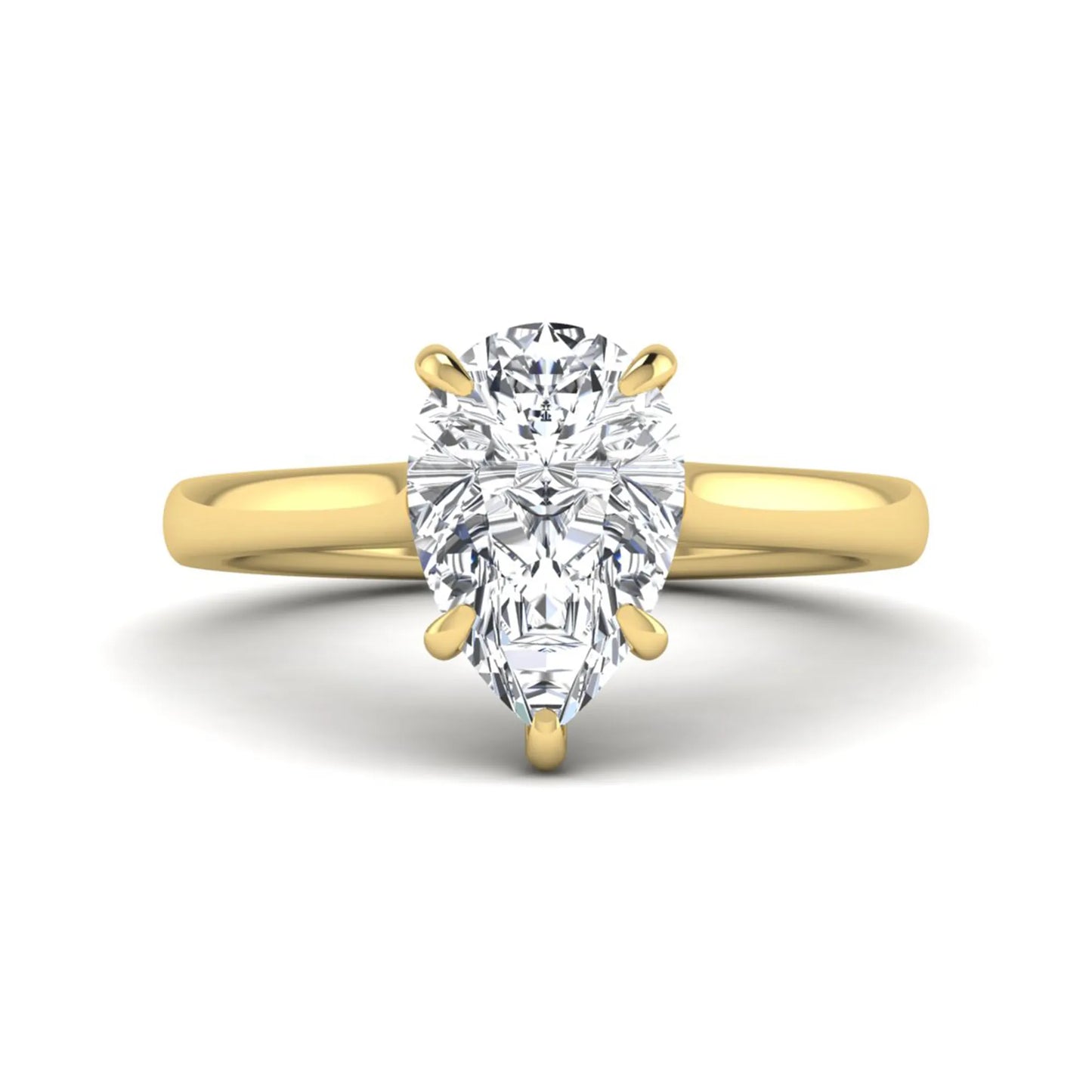 Pear lab grown diamond solitaire engagement ring featuring a 3.00 carat IGI certified pear cut diamond in a classic five-prong yellow gold setting.